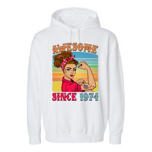 Awesome Since 1974 50th Birthday Messy Bun Rosie The Riveter Garment-Dyed Fleece Hoodie