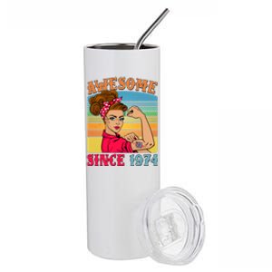 Awesome Since 1974 50th Birthday Messy Bun Rosie The Riveter Stainless Steel Tumbler