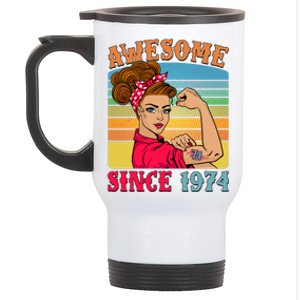 Awesome Since 1974 50th Birthday Messy Bun Rosie The Riveter Stainless Steel Travel Mug