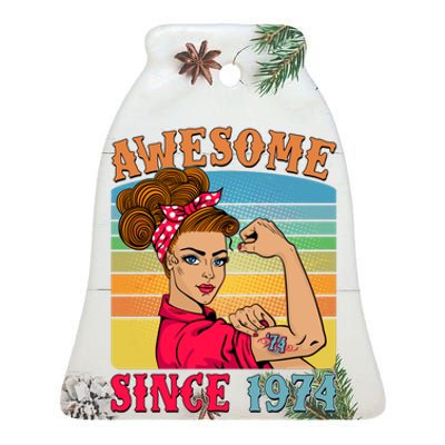 Awesome Since 1974 50th Birthday Messy Bun Rosie The Riveter Ceramic Bell Ornament