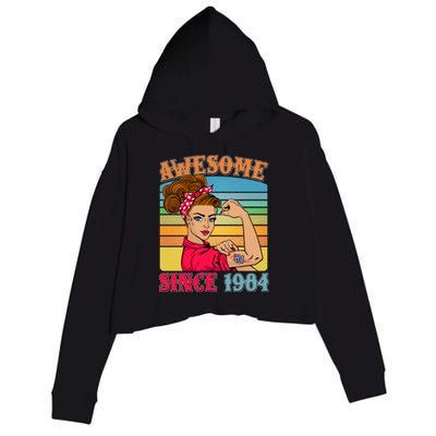 Awesome Since 1984 40th Birthday Messy Bun Rosie The Riveter Crop Fleece Hoodie