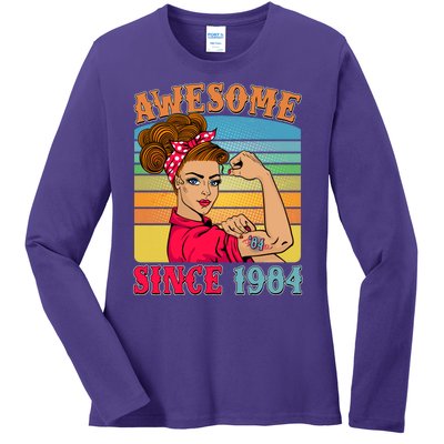 Awesome Since 1984 40th Birthday Messy Bun Rosie The Riveter Ladies Long Sleeve Shirt