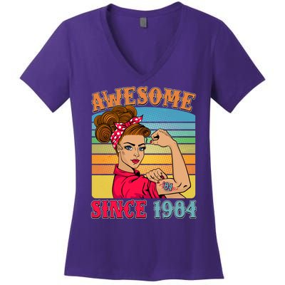 Awesome Since 1984 40th Birthday Messy Bun Rosie The Riveter Women's V-Neck T-Shirt