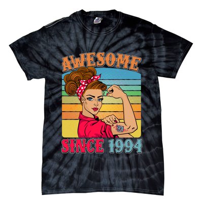 Awesome Since 1994 30th Birthday Messy Bun Rosie The Riveter Tie-Dye T-Shirt