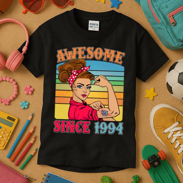 Awesome Since 1994 30th Birthday Messy Bun Rosie The Riveter Kids T-Shirt