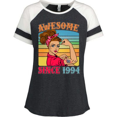 Awesome Since 1994 30th Birthday Messy Bun Rosie The Riveter Enza Ladies Jersey Colorblock Tee