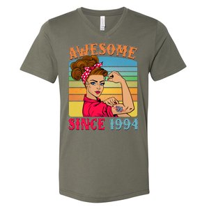 Awesome Since 1994 30th Birthday Messy Bun Rosie The Riveter V-Neck T-Shirt