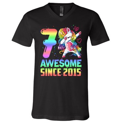 Awesome Since 2015 Unicorn 7th Birthday 7 Years Old V-Neck T-Shirt