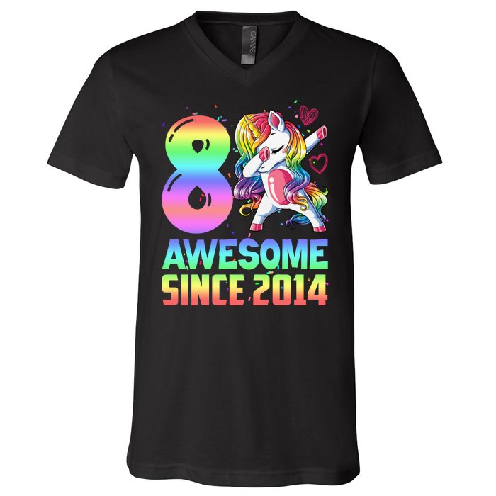 Awesome Since 2014 Unicorn 8th Birthday 8 Years Old V-Neck T-Shirt