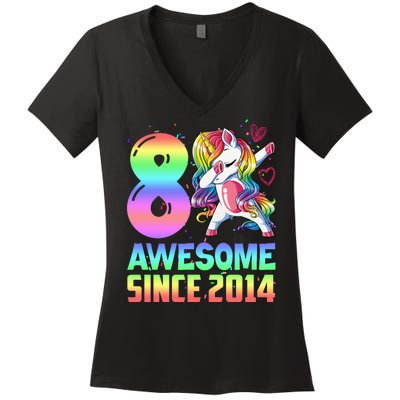 Awesome Since 2014 Unicorn 8th Birthday 8 Years Old Women's V-Neck T-Shirt