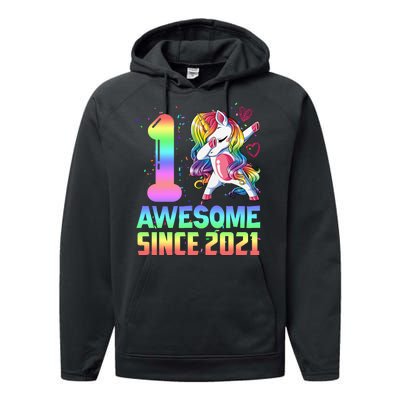 Awesome Since 2021 Unicorn 1st Birthday One Years Old Performance Fleece Hoodie