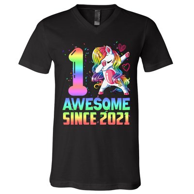 Awesome Since 2021 Unicorn 1st Birthday One Years Old V-Neck T-Shirt
