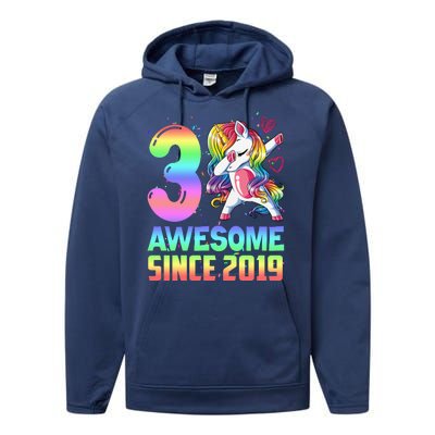 Awesome Since 2019 Unicorn 3rd Birthday 3 Years Old Performance Fleece Hoodie