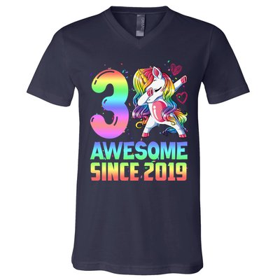 Awesome Since 2019 Unicorn 3rd Birthday 3 Years Old V-Neck T-Shirt