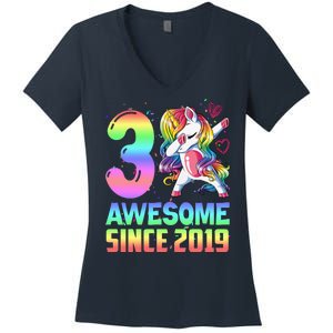 Awesome Since 2019 Unicorn 3rd Birthday 3 Years Old Women's V-Neck T-Shirt