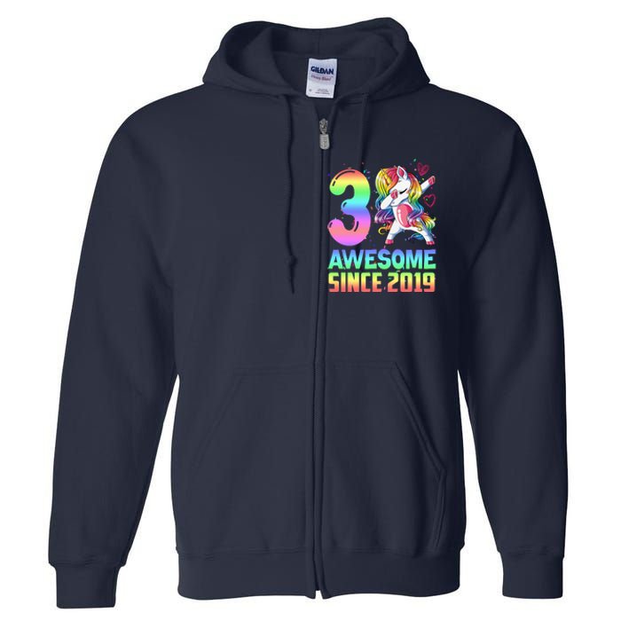 Awesome Since 2019 Unicorn 3rd Birthday 3 Years Old Full Zip Hoodie