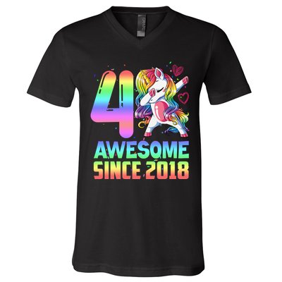 Awesome Since 2018 Unicorn 4th Birthday 4 Years Old V-Neck T-Shirt