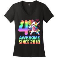 Awesome Since 2018 Unicorn 4th Birthday 4 Years Old Women's V-Neck T-Shirt