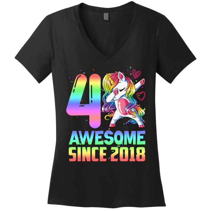 Awesome Since 2018 Unicorn 4th Birthday 4 Years Old Women's V-Neck T-Shirt
