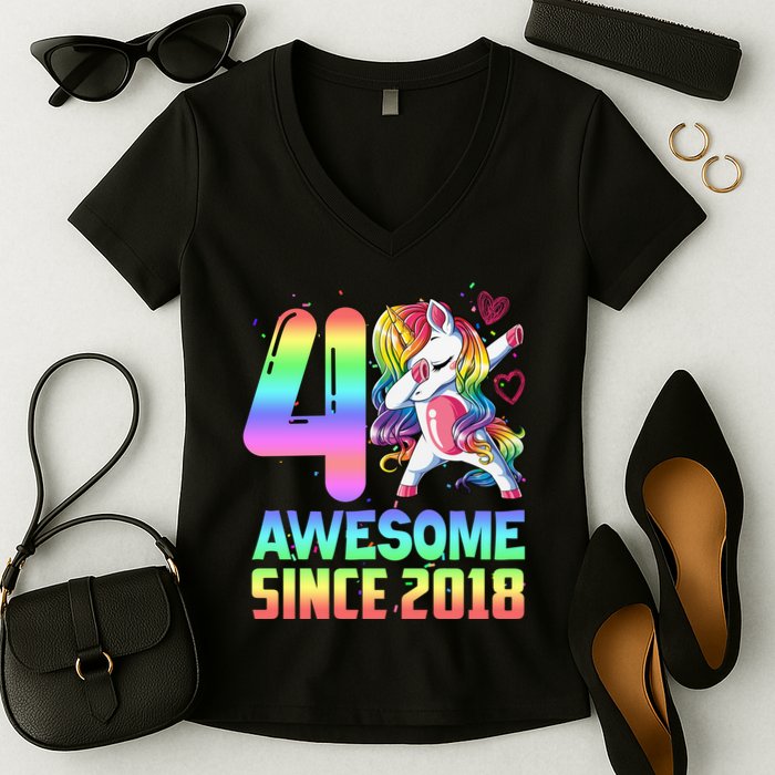 Awesome Since 2018 Unicorn 4th Birthday 4 Years Old Women's V-Neck T-Shirt