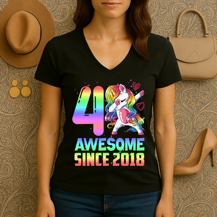 Awesome Since 2018 Unicorn 4th Birthday 4 Years Old Women's V-Neck T-Shirt