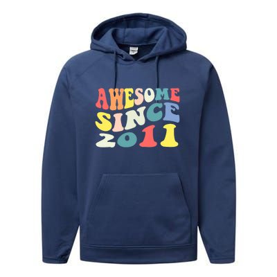 Awesome Since 2011 11 Years Old 11th Birthday Groovy Retro Performance Fleece Hoodie