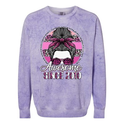 Awesome Since 2010 13 Years Old Messy Bun Leopard Colorblast Crewneck Sweatshirt