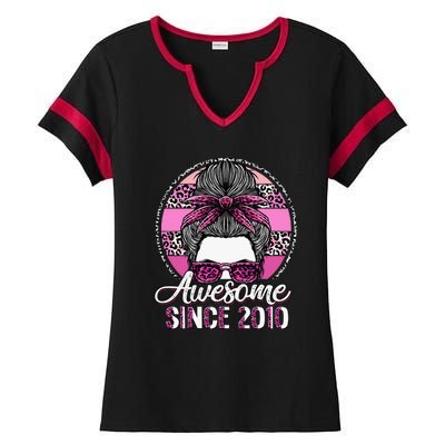 Awesome Since 2010 13 Years Old Messy Bun Leopard Ladies Halftime Notch Neck Tee