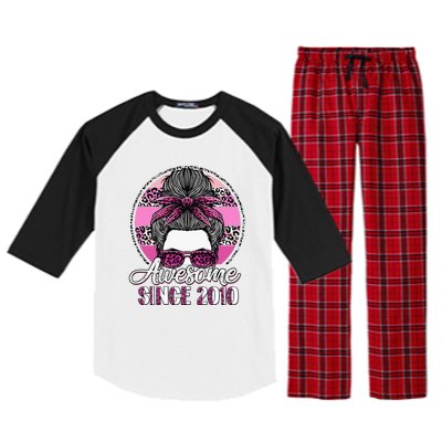 Awesome Since 2010 13 Years Old Messy Bun Leopard Raglan Sleeve Pajama Set