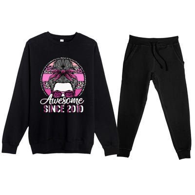 Awesome Since 2010 13 Years Old Messy Bun Leopard Premium Crewneck Sweatsuit Set