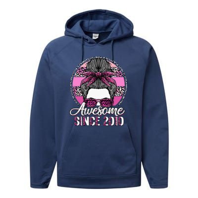 Awesome Since 2010 13 Years Old Messy Bun Leopard Performance Fleece Hoodie