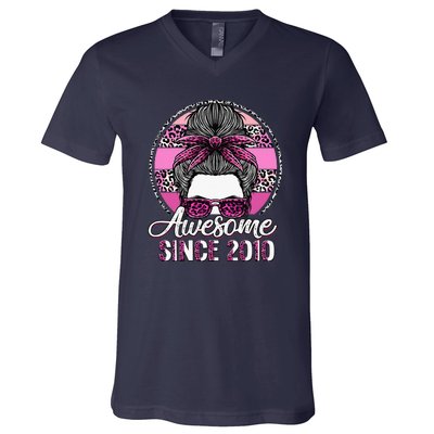 Awesome Since 2010 13 Years Old Messy Bun Leopard V-Neck T-Shirt