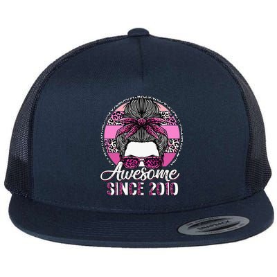 Awesome Since 2010 13 Years Old Messy Bun Leopard Flat Bill Trucker Hat