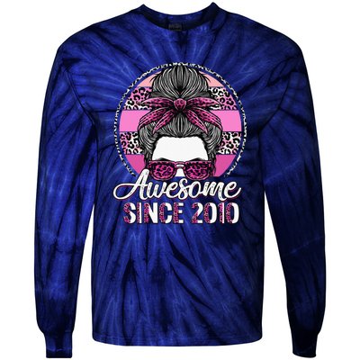 Awesome Since 2010 13 Years Old Messy Bun Leopard Tie-Dye Long Sleeve Shirt