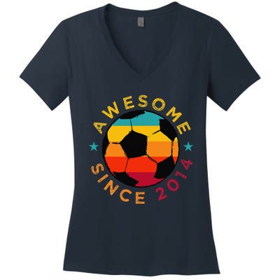 Awesome Since 2014 Soccer Birthday Party Bday Team Women's V-Neck T-Shirt