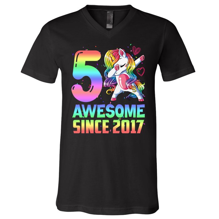 Awesome Since 2017 Unicorn 5th Birthday 5 Years Old V-Neck T-Shirt