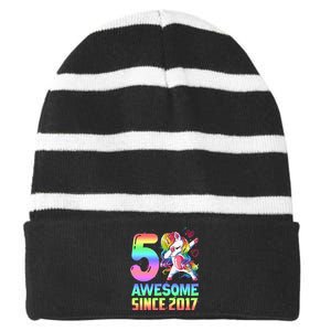 Awesome Since 2017 Unicorn 5th Birthday 5 Years Old Striped Beanie with Solid Band