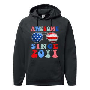 Awesome Since 2011 12 Years Birthday 4th of July Performance Fleece Hoodie