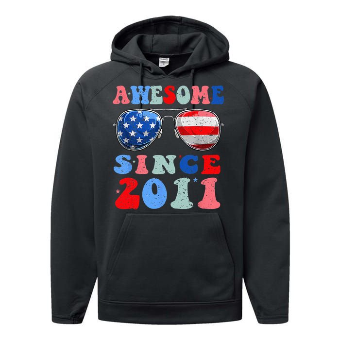 Awesome Since 2011 12 Years Birthday 4th of July Performance Fleece Hoodie