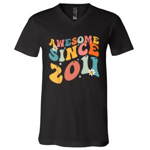 Awesome Since 2011 12 Years Old 12th Birthday Groovy Retro V-Neck T-Shirt