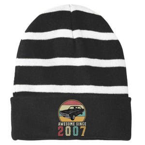 Awesome Since 2007 16 Years Old 16th Birthday For Car Lover Striped Beanie with Solid Band