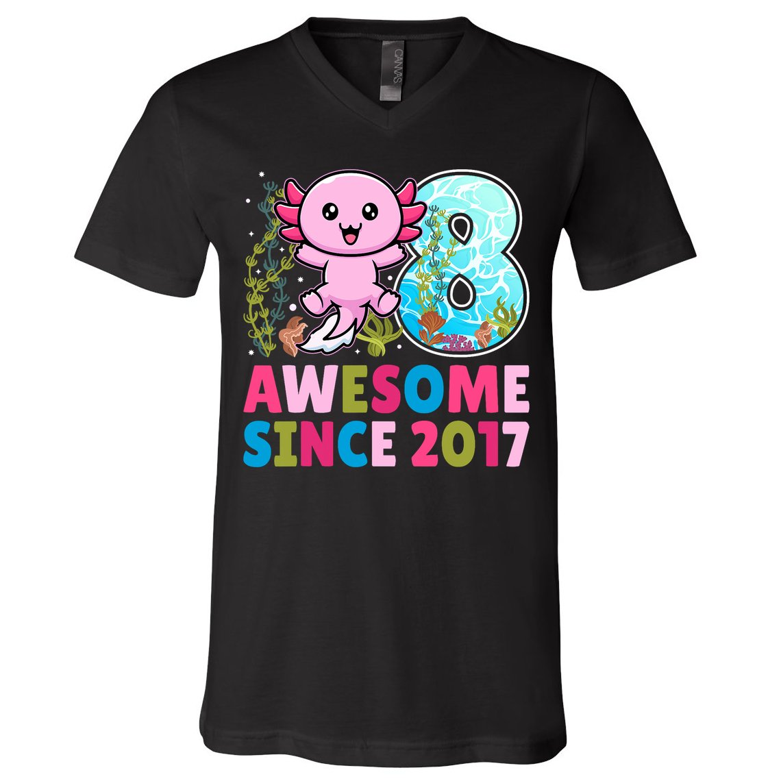 Awesome Since 2017 Cute Axolotl  8th Birthday Party  V-Neck T-Shirt