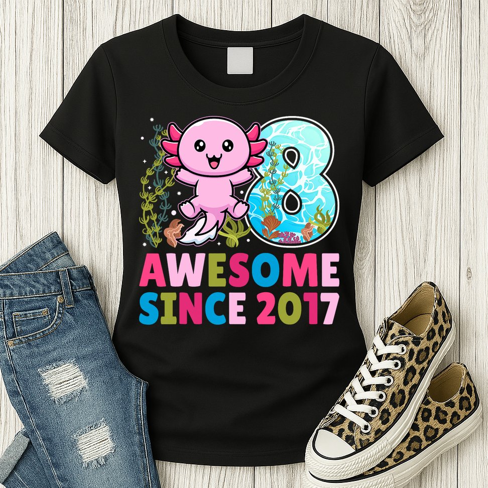 Awesome Since 2017 Cute Axolotl  8th Birthday Party  Womens T-Shirt