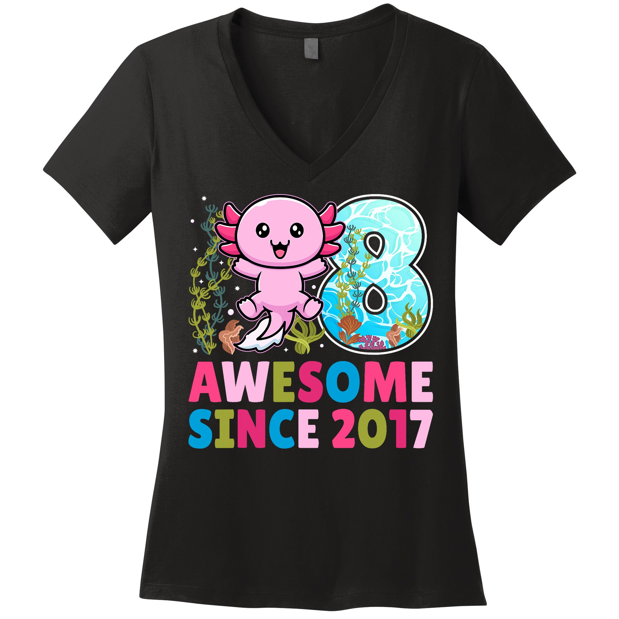 Awesome Since 2017 Cute Axolotl  8th Birthday Party  Women's V-Neck T-Shirt