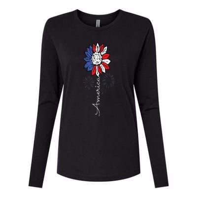 America Sunflower 4th Of July Independence Day Patriotic Womens Cotton Relaxed Long Sleeve T-Shirt