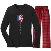 America Sunflower 4th Of July Independence Day Patriotic Women's Long Sleeve Flannel Pajama Set 