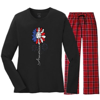 America Sunflower 4th Of July Independence Day Patriotic Women's Long Sleeve Flannel Pajama Set 