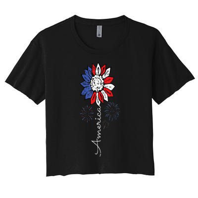 America Sunflower 4th Of July Independence Day Patriotic Women's Crop Top Tee