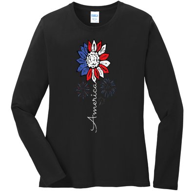 America Sunflower 4th Of July Independence Day Patriotic Ladies Long Sleeve Shirt