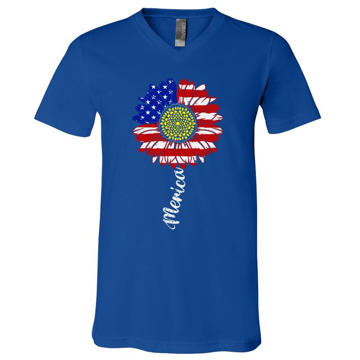 America Sunflower 4th Of July American Flag Patriotic Funny Gift V-Neck T-Shirt